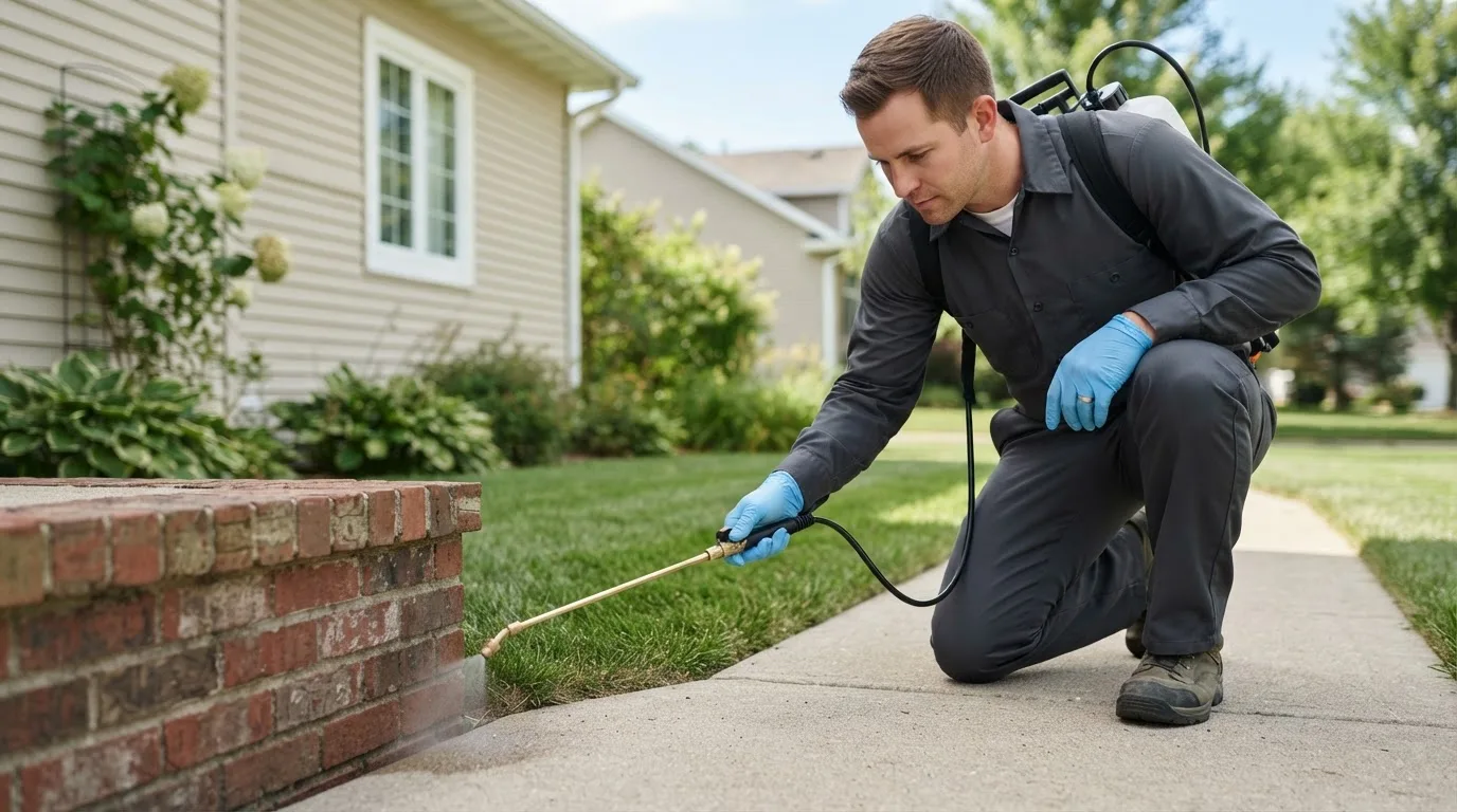 Pest control technician treating a home near Woodstock, OH