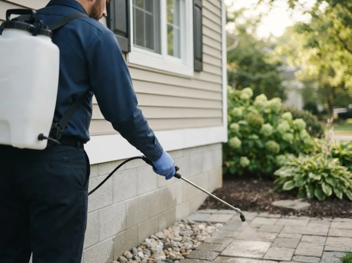 Pest control technician inspecting a home in Woodstock, OH